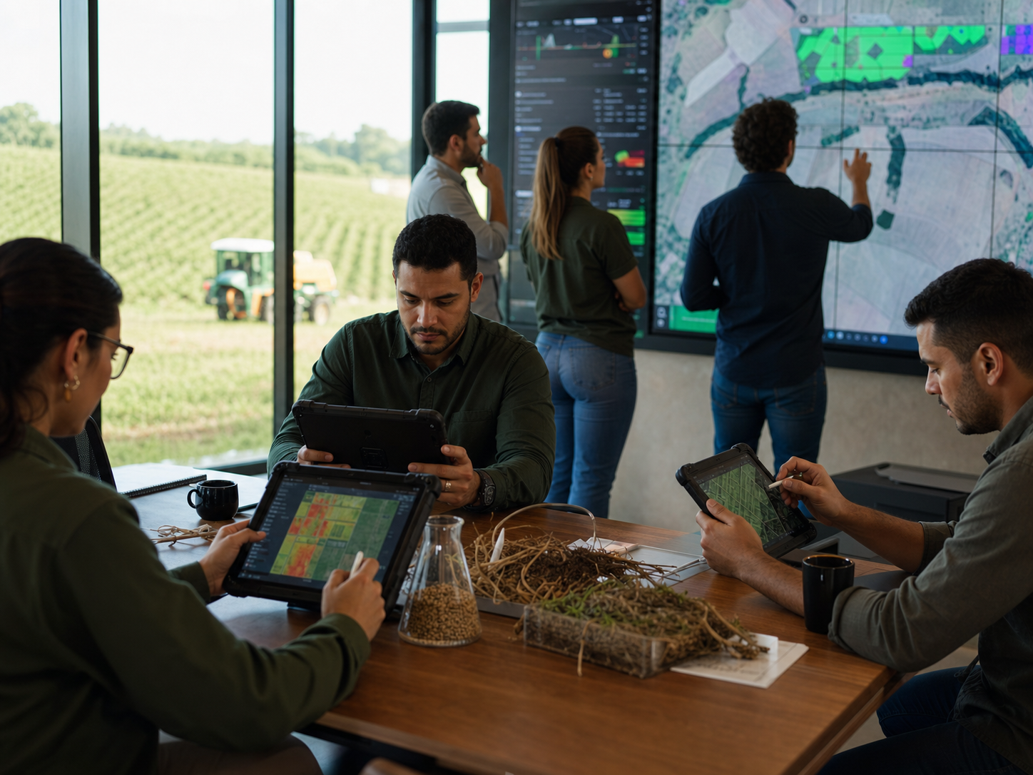 Campinas agritech team reviewing crop operations data